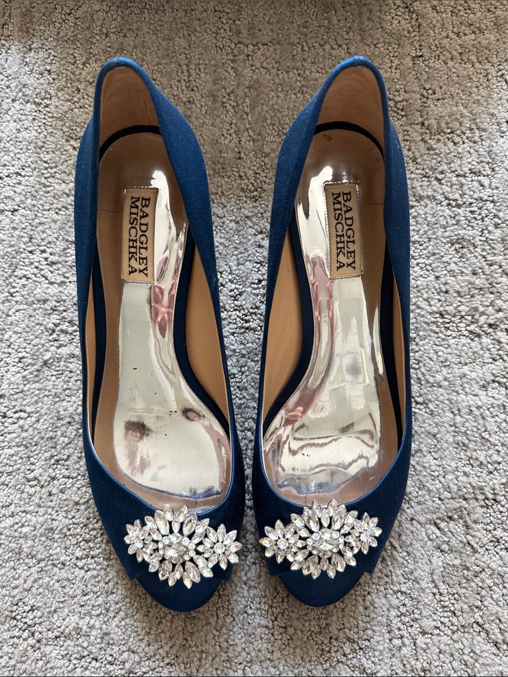 Badgley Mischka Nakita Navy Satin Crystal-Embellished Peep-Toe Pumps
